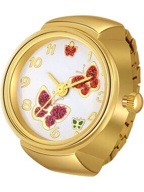 Unisex All Gold Analog Quartz Plated Elastic Butterfly Simple Round Ring Watch